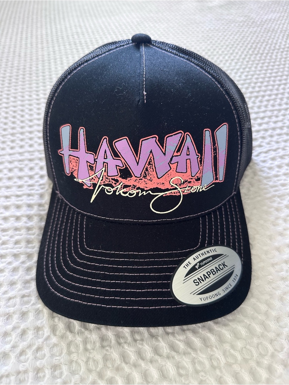 Volcom Black Trucker Hat with Pink & Purple "Hawaii" Graphic